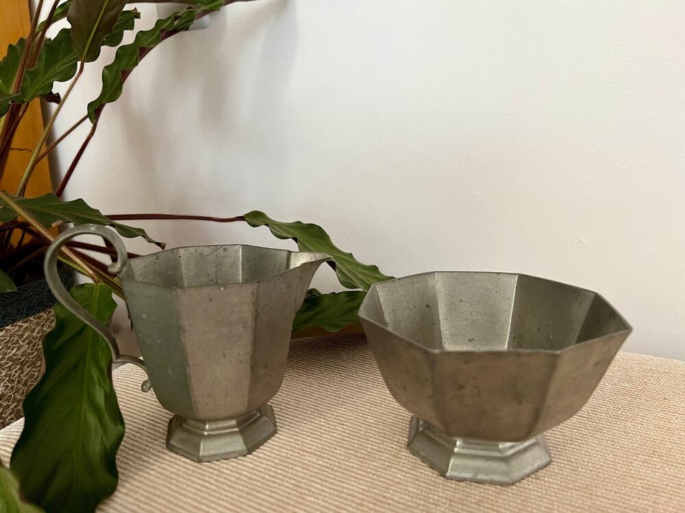 Vintage Gorham Pewter Cream and Sugar Set Octagonal Footed Silver Tableware